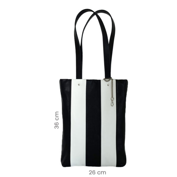 Tote bag en cuir d'agneau rayures réglisse meringue. Dimensions