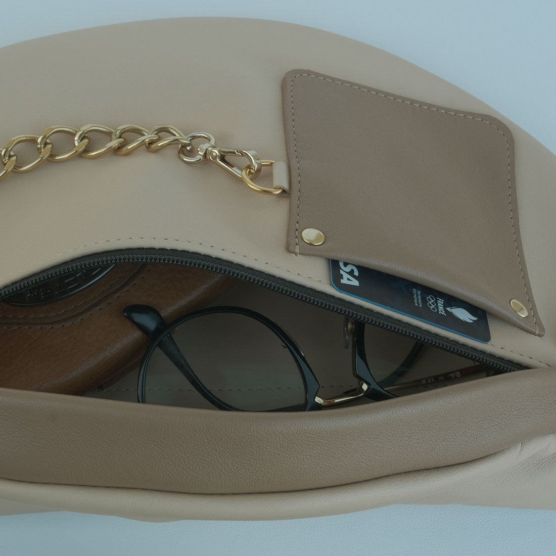 Sac banane en cuir d'agneau bicolore noisette et caramel