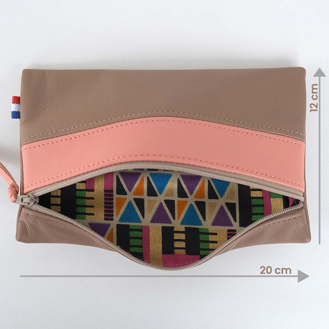 Pochette zippée rectangulaire en cuir d'agneau format midi coloris caramel rose langoustine