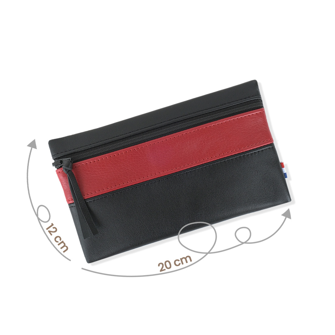 Pochette zippée rectangulaire en cuir d'agneau format maxi coloris noir rouge cerise