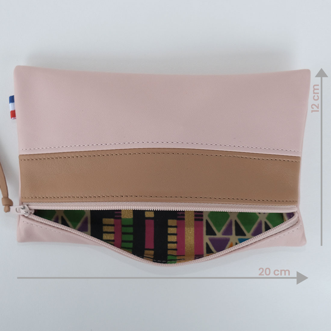 Pochette zippée rectangulaire en cuir d'agneau format maxi coloris rose poudré caramel