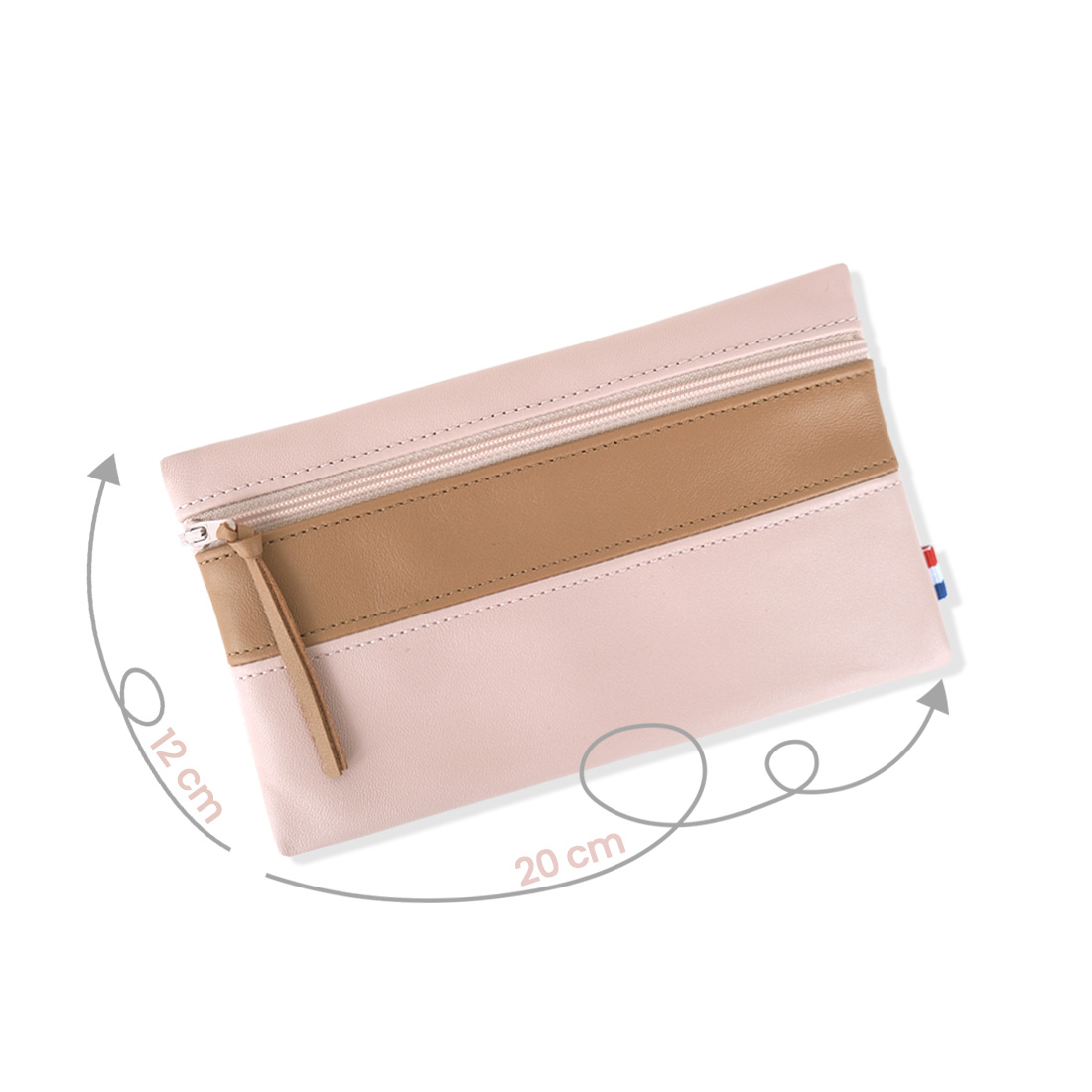 Pochette zippée rectangulaire en cuir d'agneau format maxi coloris rose poudré caramel