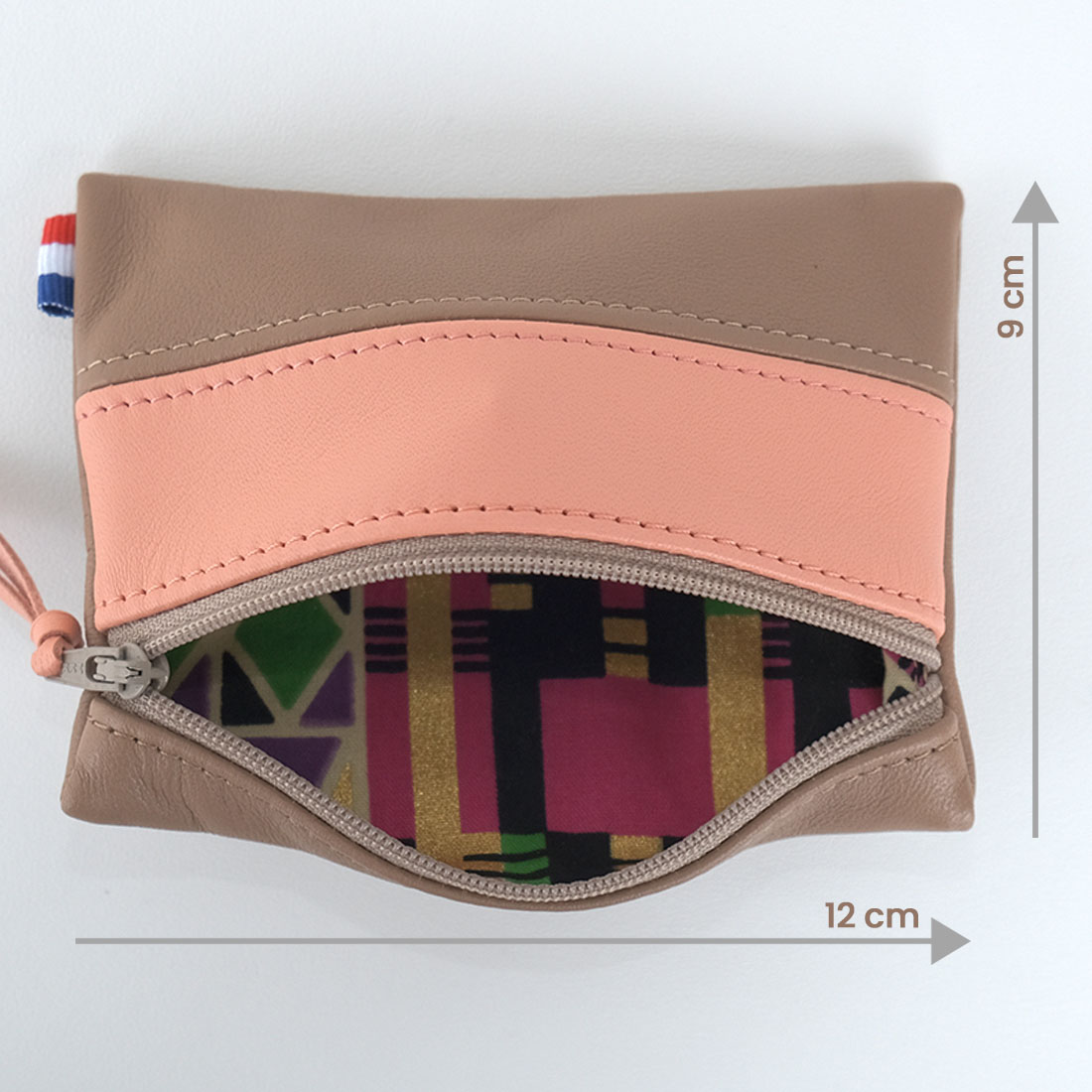Pochette zippée rectangulaire en cuir d'agneau format mini bicolore caramel rose langoustine