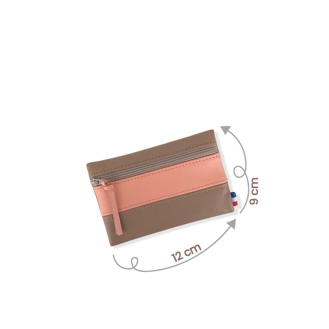 Pochette zippée rectangulaire en cuir d'agneau format mini bicolore caramel rose langoustine