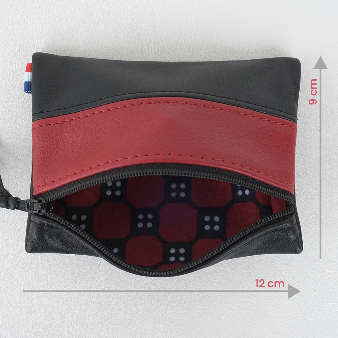 Mini pochette zippée rectangulaire en cuir d'agneau bicolore noir rouge