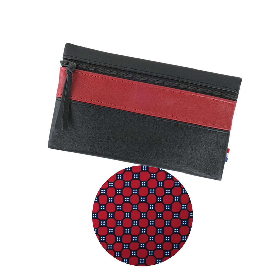 Pochette à zip cuir et wax noir rouge