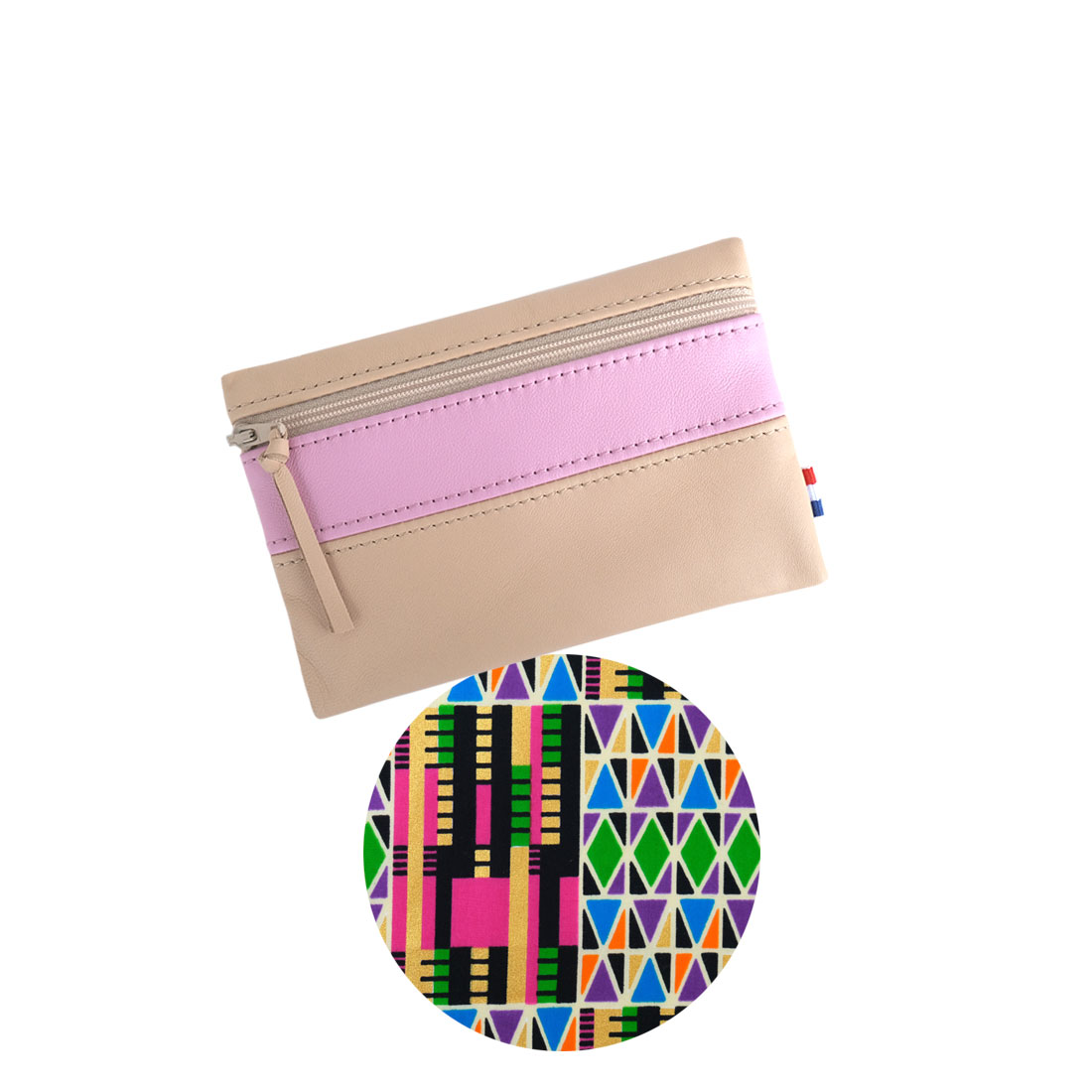 Pochette à zip cuir et wax beige rose bonbon