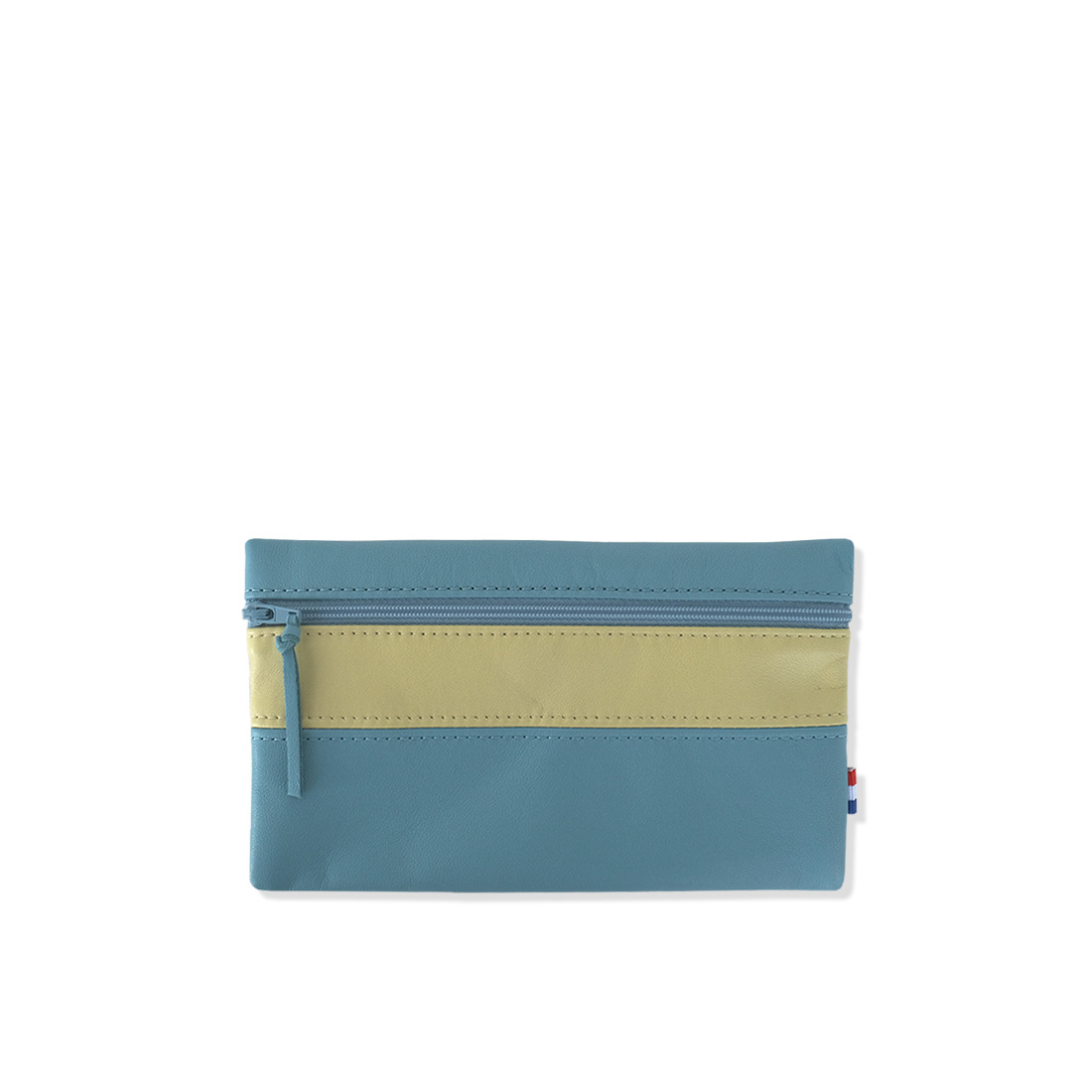 Pochette en cuir d'agneau coloris courge bleue concombre