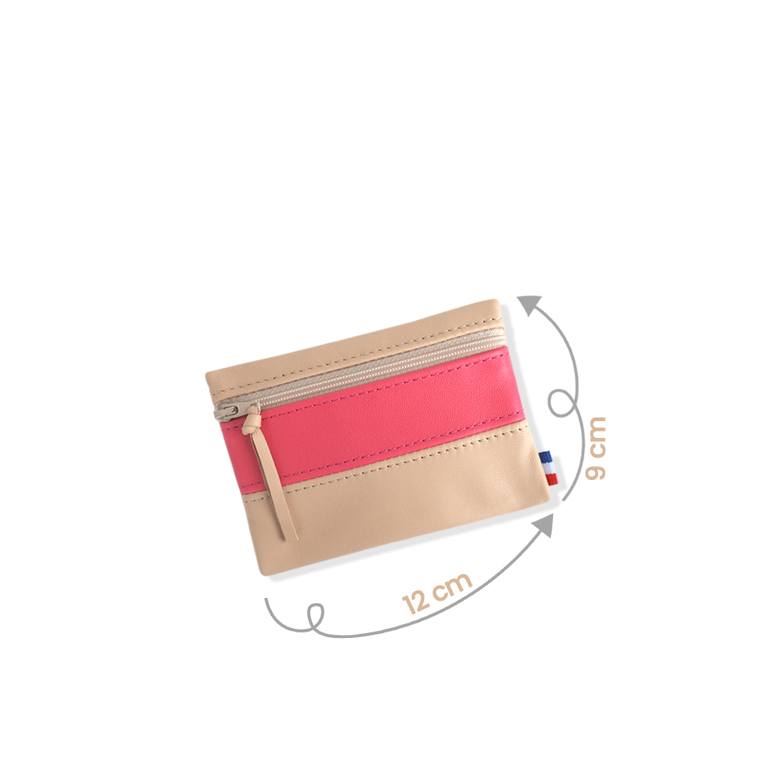 Pochette zippée rectangulaire en cuir d'agneau format mini bicolore beige rose fuchsia
