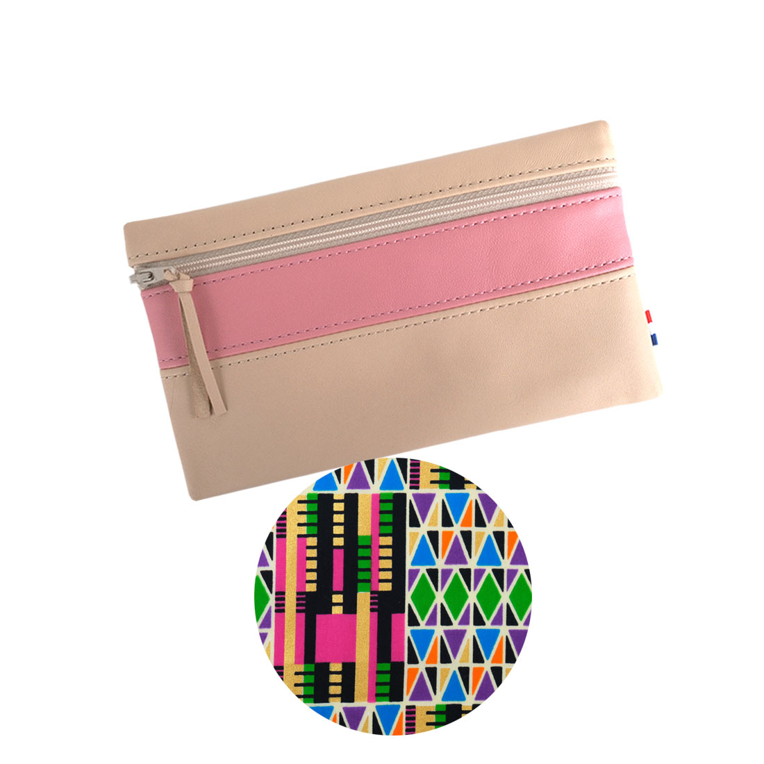Pochette à zip cuir et wax beige rose