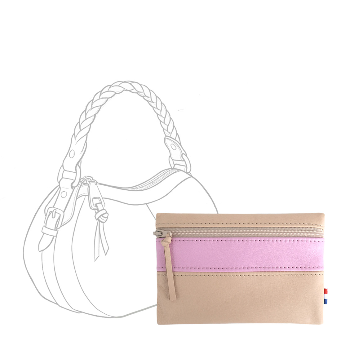 POCHETTE cuir beige-rose bonbon medium