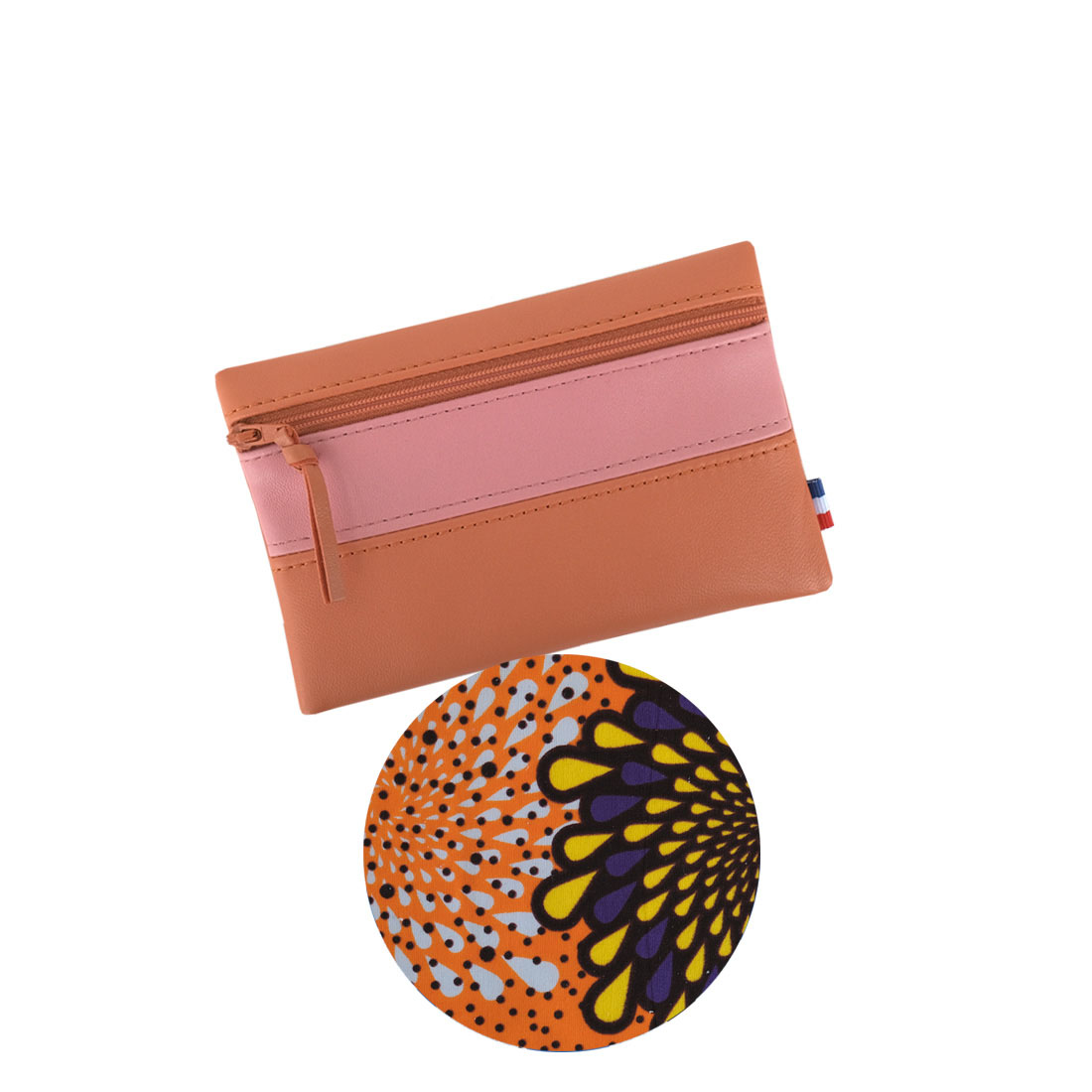 Pochette à zip cuir et wax orange rose