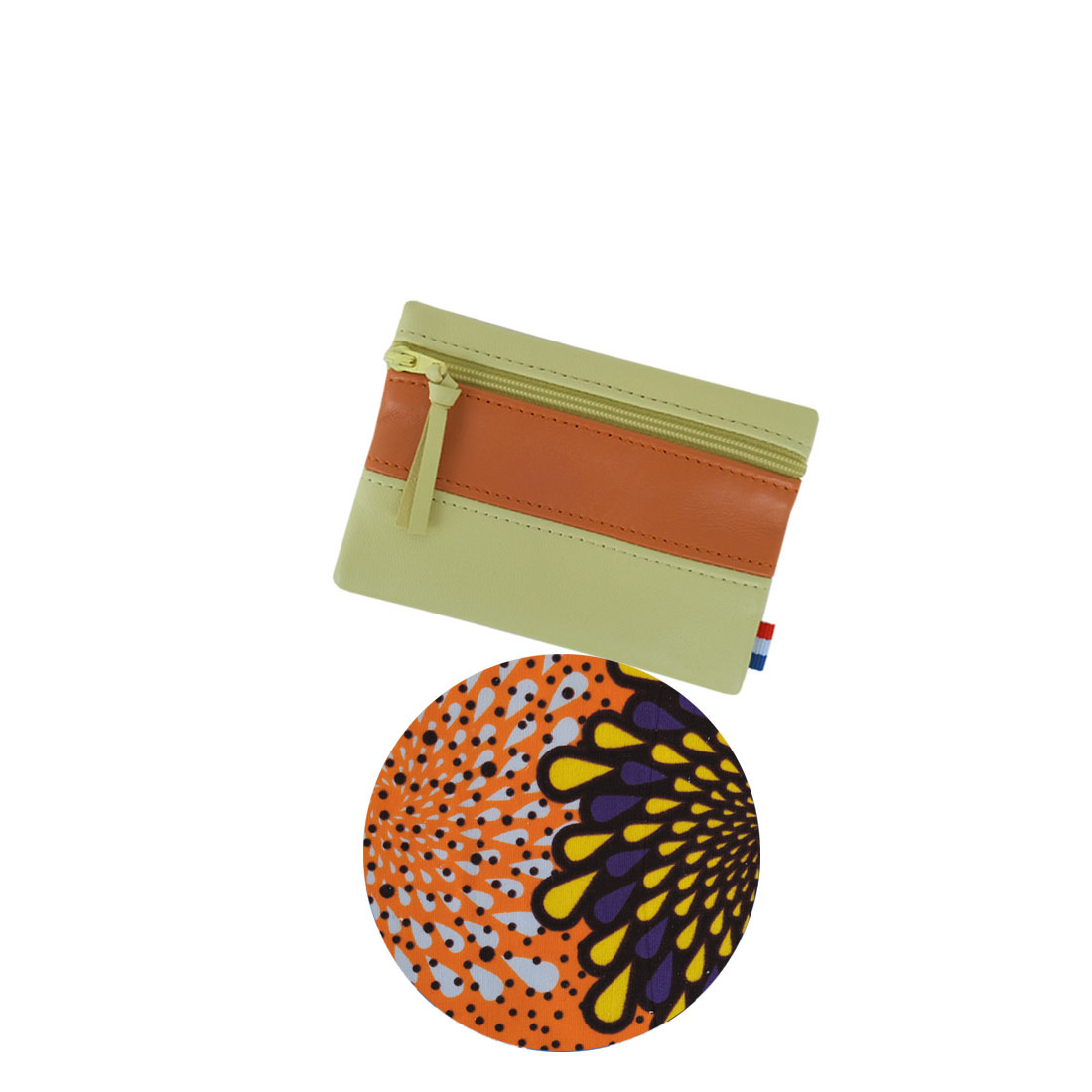 Pochette à zip cuir et wax vert orange