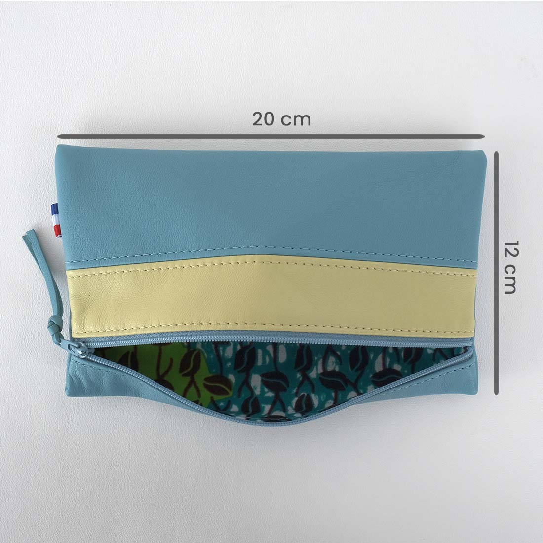 Pochette en cuir d'agneau coloris courge bleue concombre