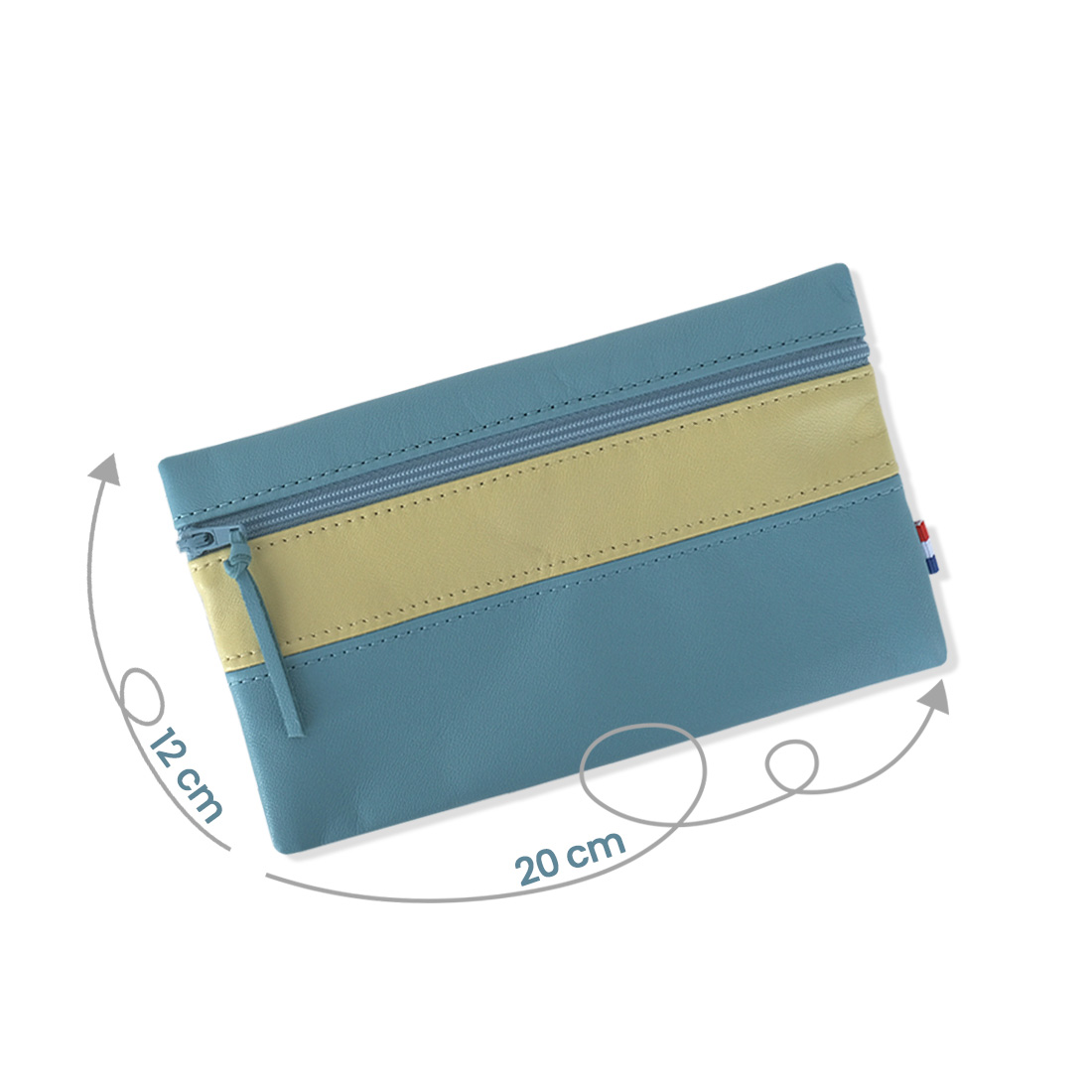 Pochette zippée rectangulaire en cuir d'agneau format maxi coloris bleu canard vert anis