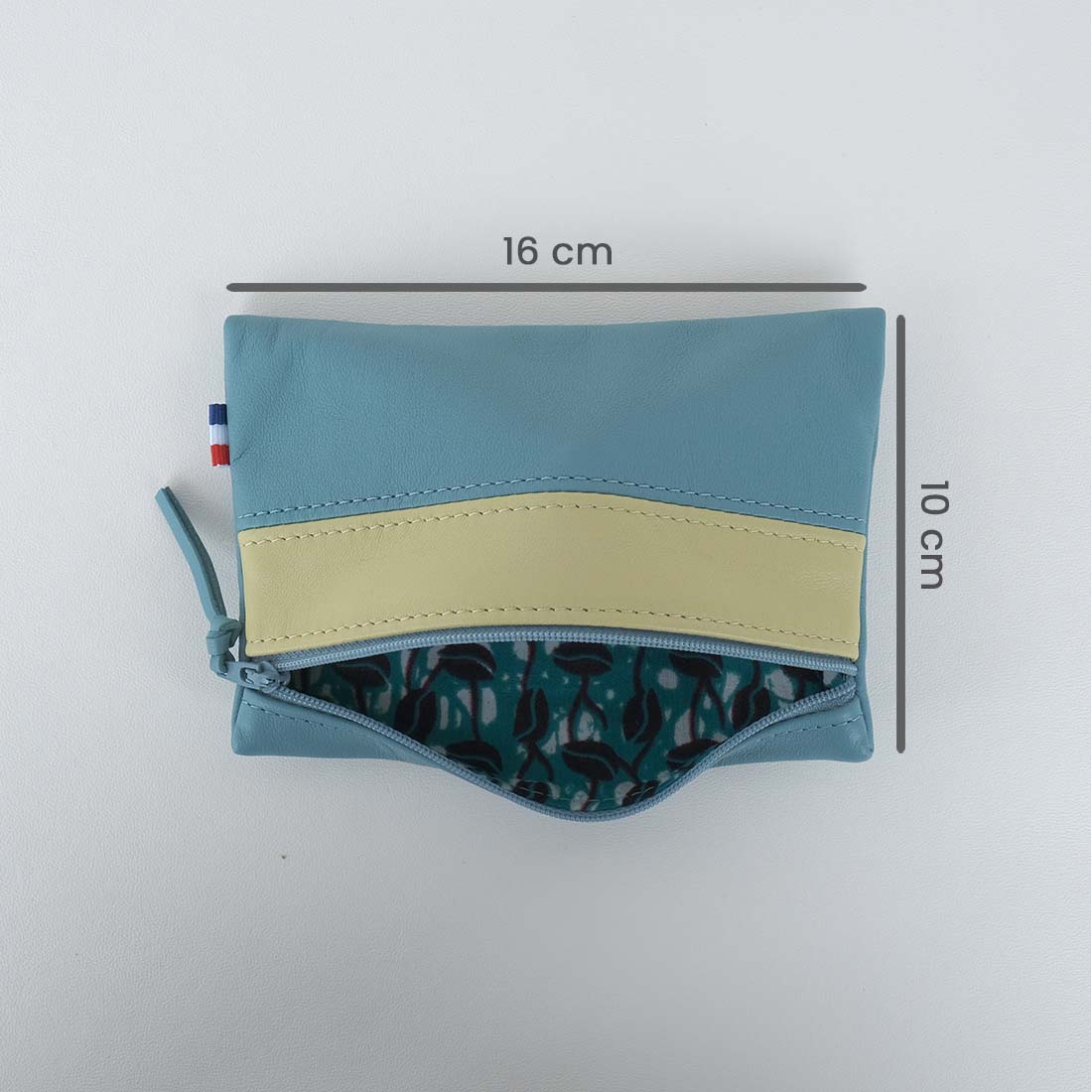 Pochette en cuir d'agneau coloris courge bleue concombre