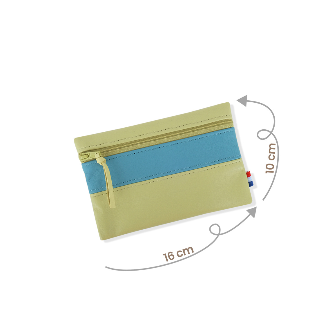 Pochette zippée rectangulaire en cuir d'agneau format midi coloris vert anis bleu canard
