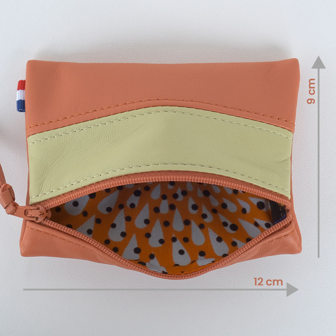 Pochette zippée rectangulaire en cuir d'agneau format mini bicolore citrouille vert anis