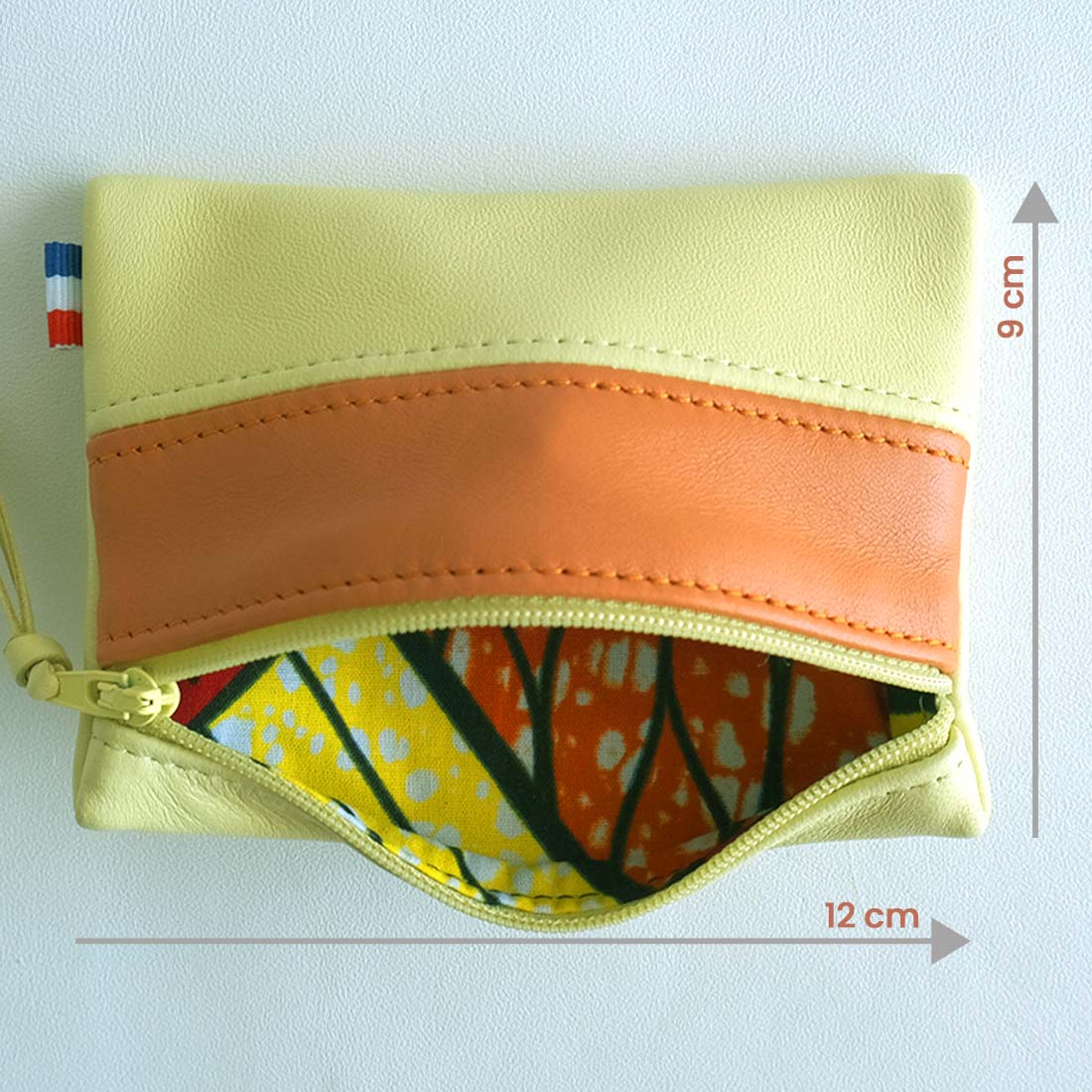 Pochette zippée rectangulaire en cuir d'agneau format mini bicolore vert anis citrouille