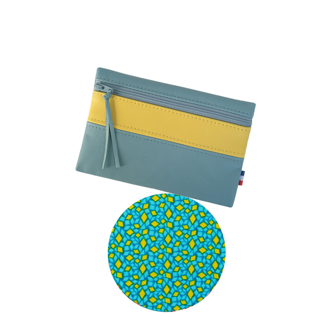Pochette à zip cuir et wax bleu canard jaune citron