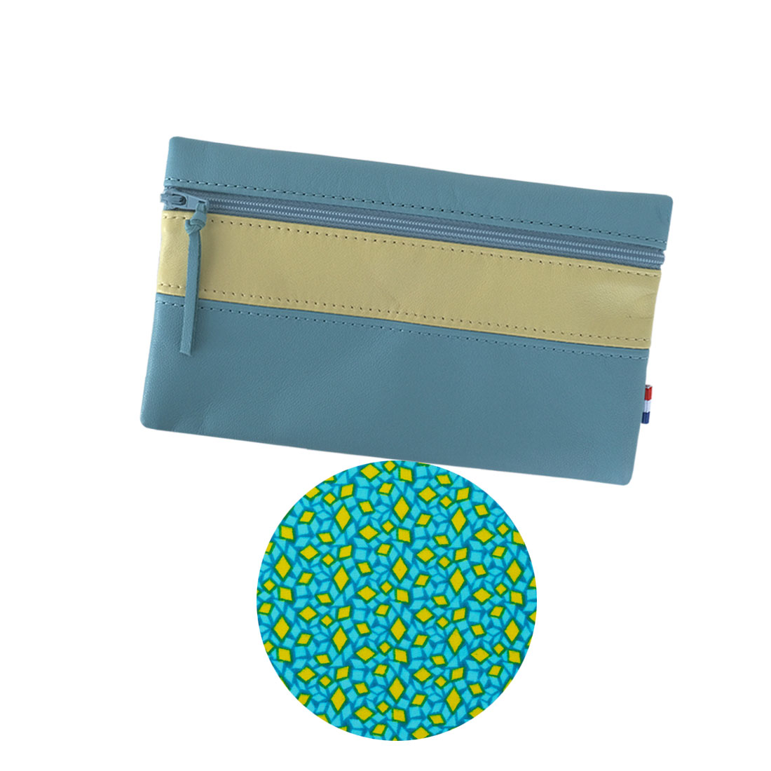 Pochette à zip cuir et wax bleu canard vert