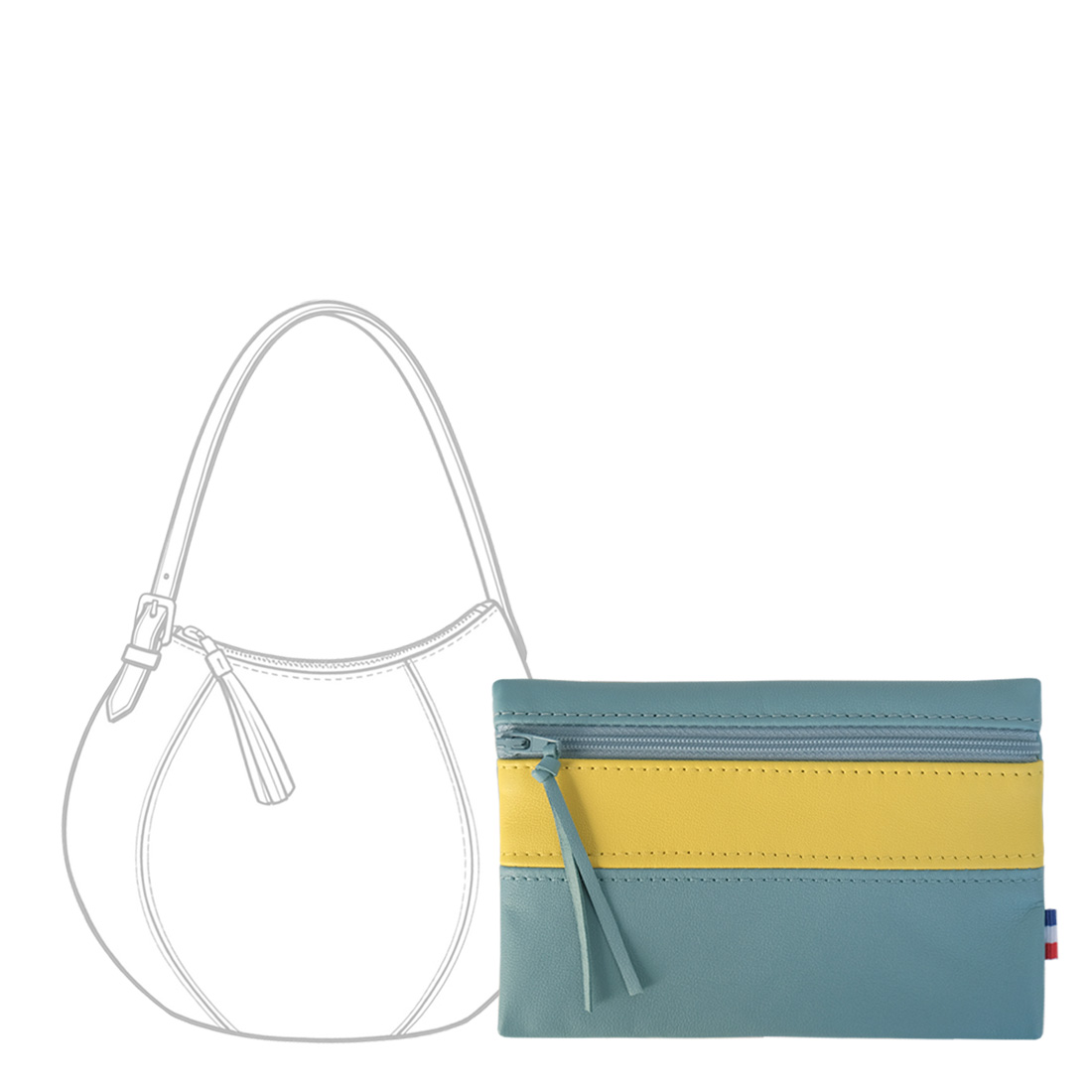 POCHETTE cuir bleu canard-jaune citron medium
