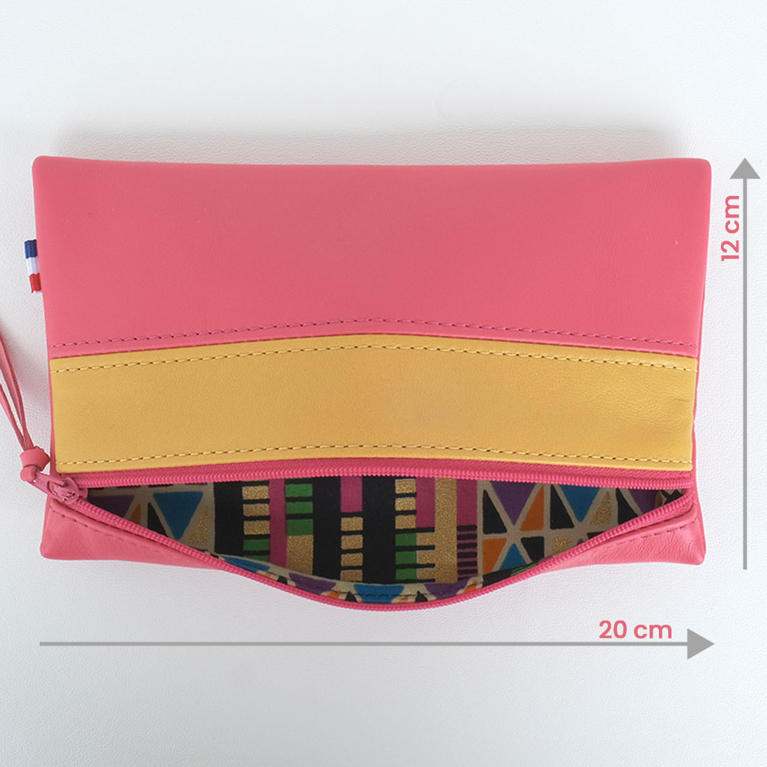 Pochette zippée rectangulaire en cuir d'agneau format maxi coloris fuchsia jaune curcuma