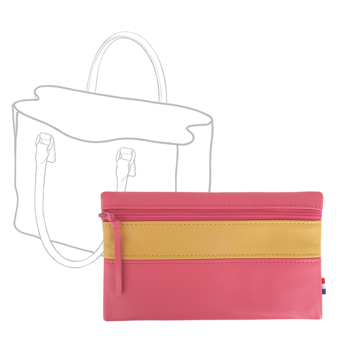 POCHETTE cuir rose fuchsia-jaune curcuma maxi