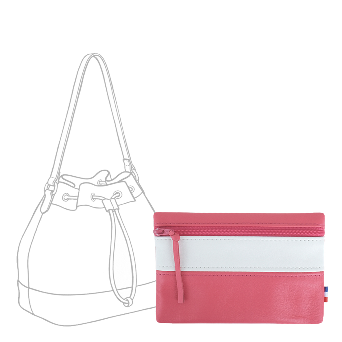 POCHETTE cuir rose fuchsia-blanc medium