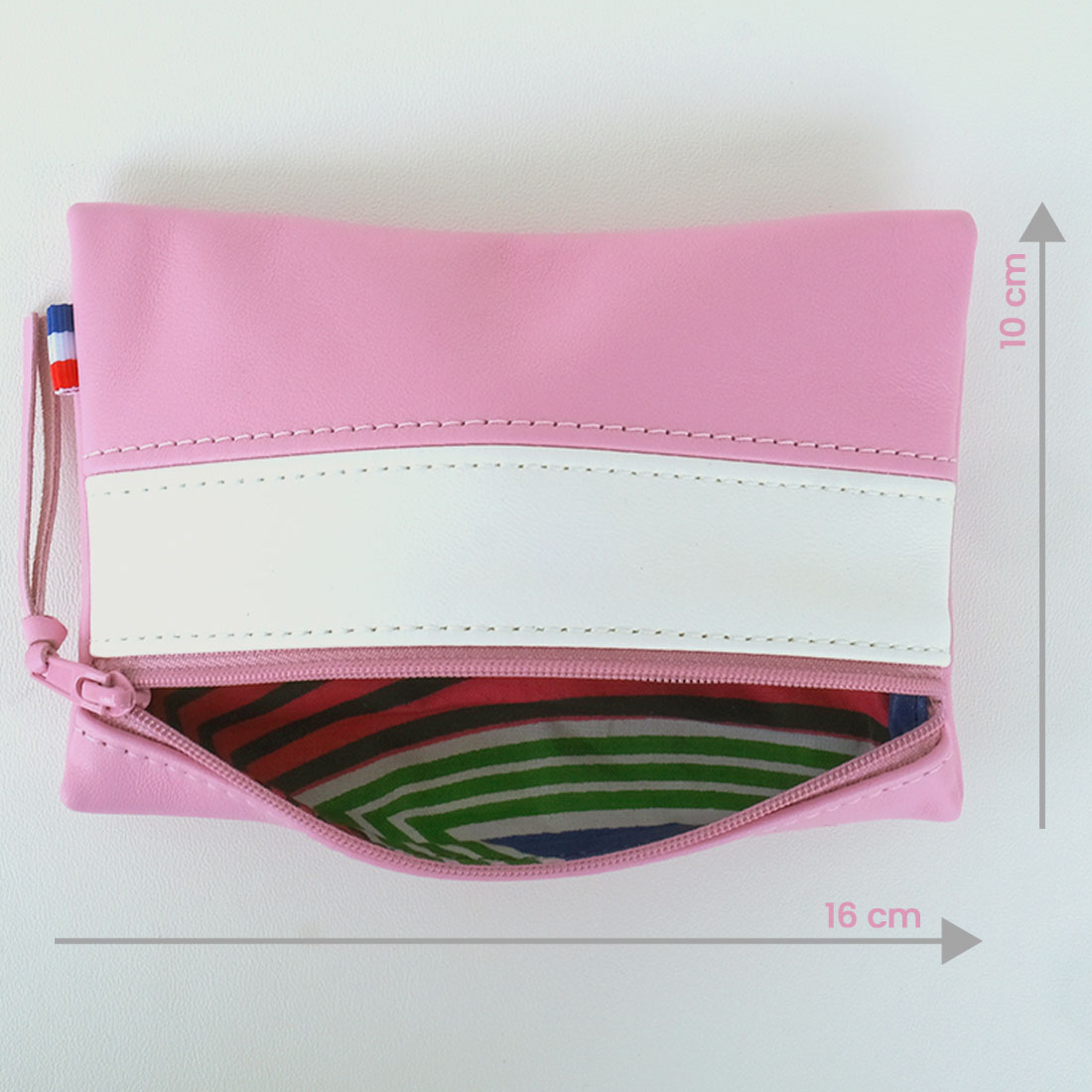 Pochette zippée rectangulaire en cuir d'agneau format midi coloris rose bonbon blanc