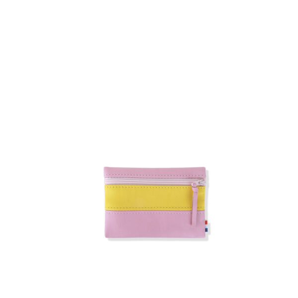 Pochette rectangulaire taille mini en cuir d'agneau coloris dragée rose citron.