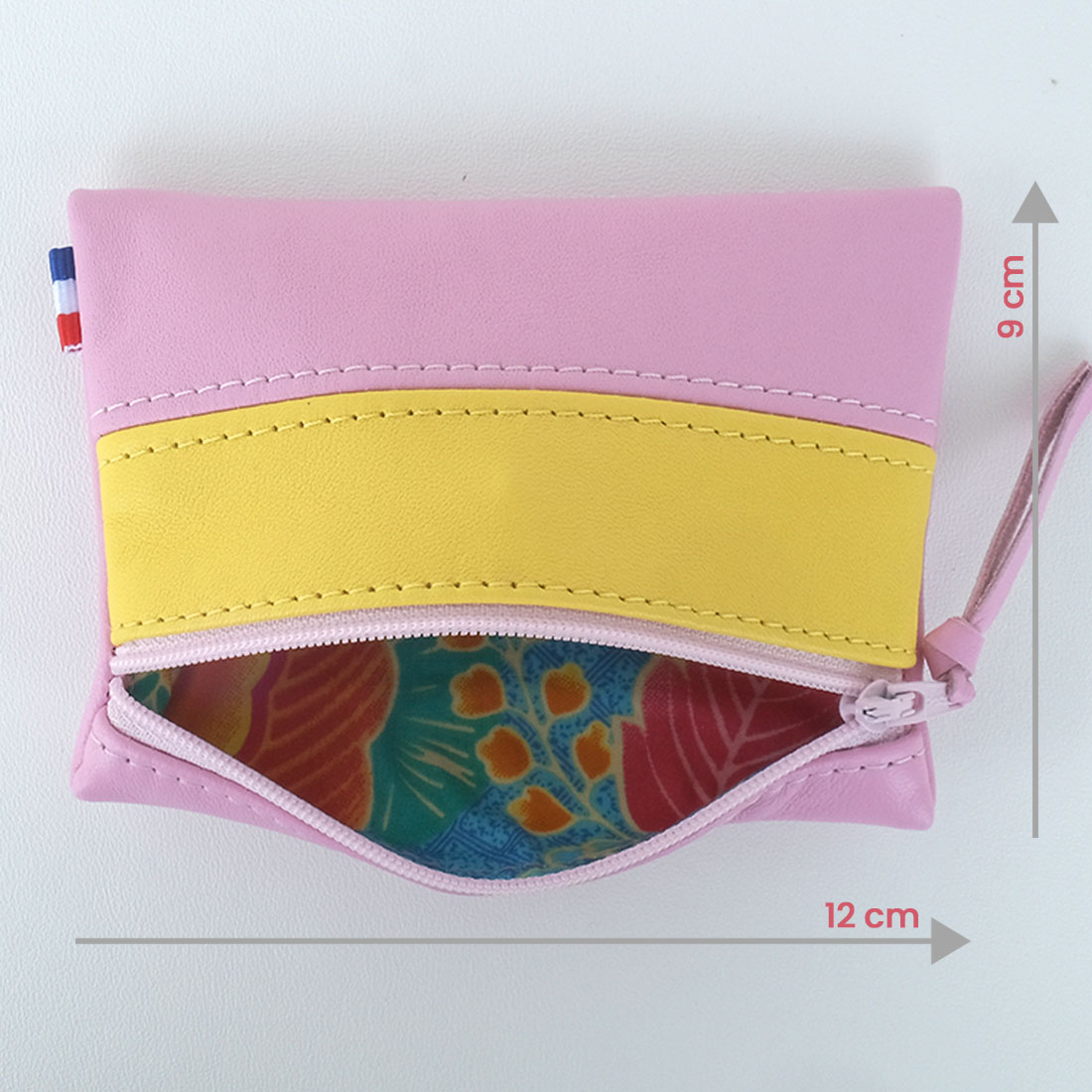 Pochette zippée rectangulaire en cuir d'agneau format mini bicolore rose bonbon jaune citron