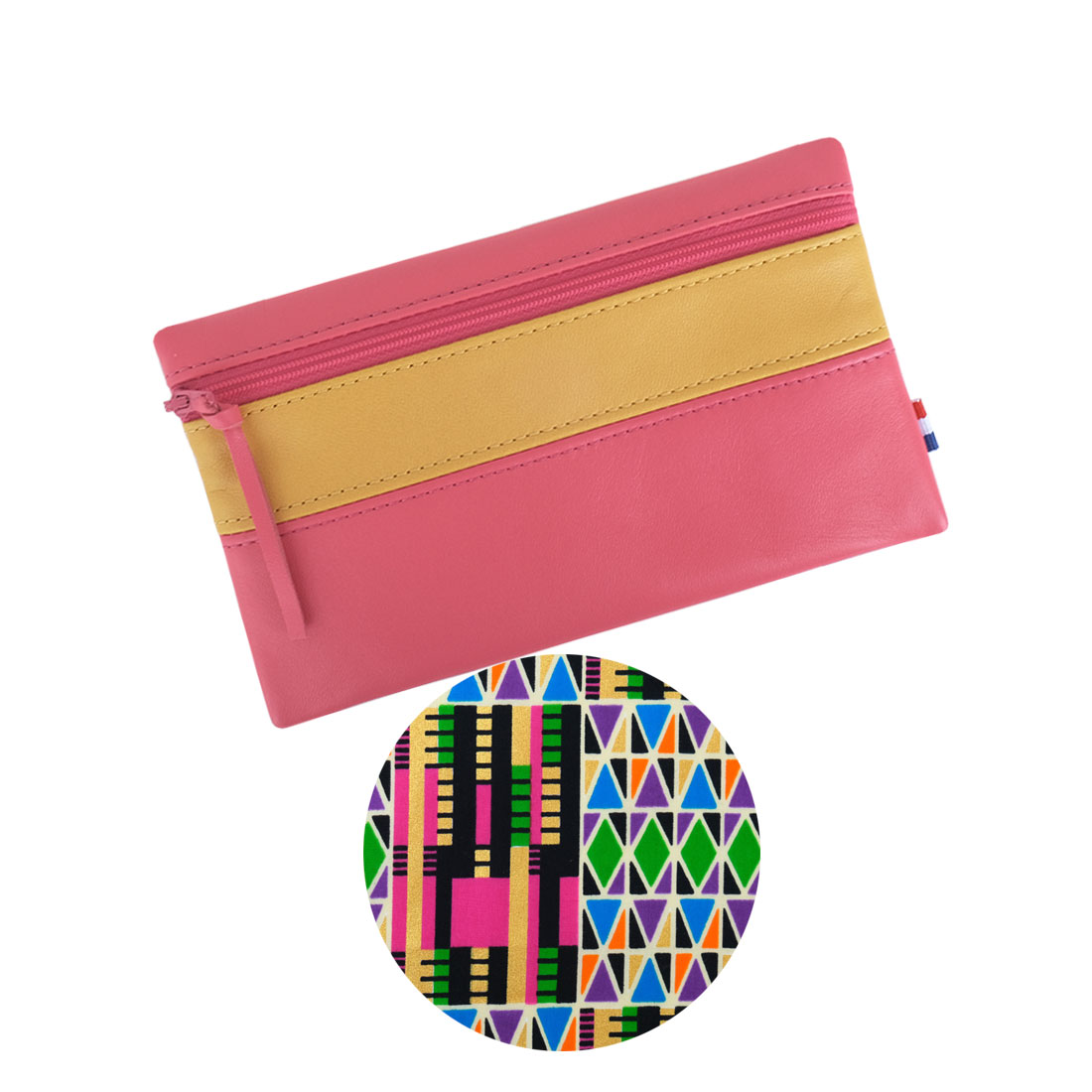 Pochette à zip cuir et wax fuchsia jaune curcuma