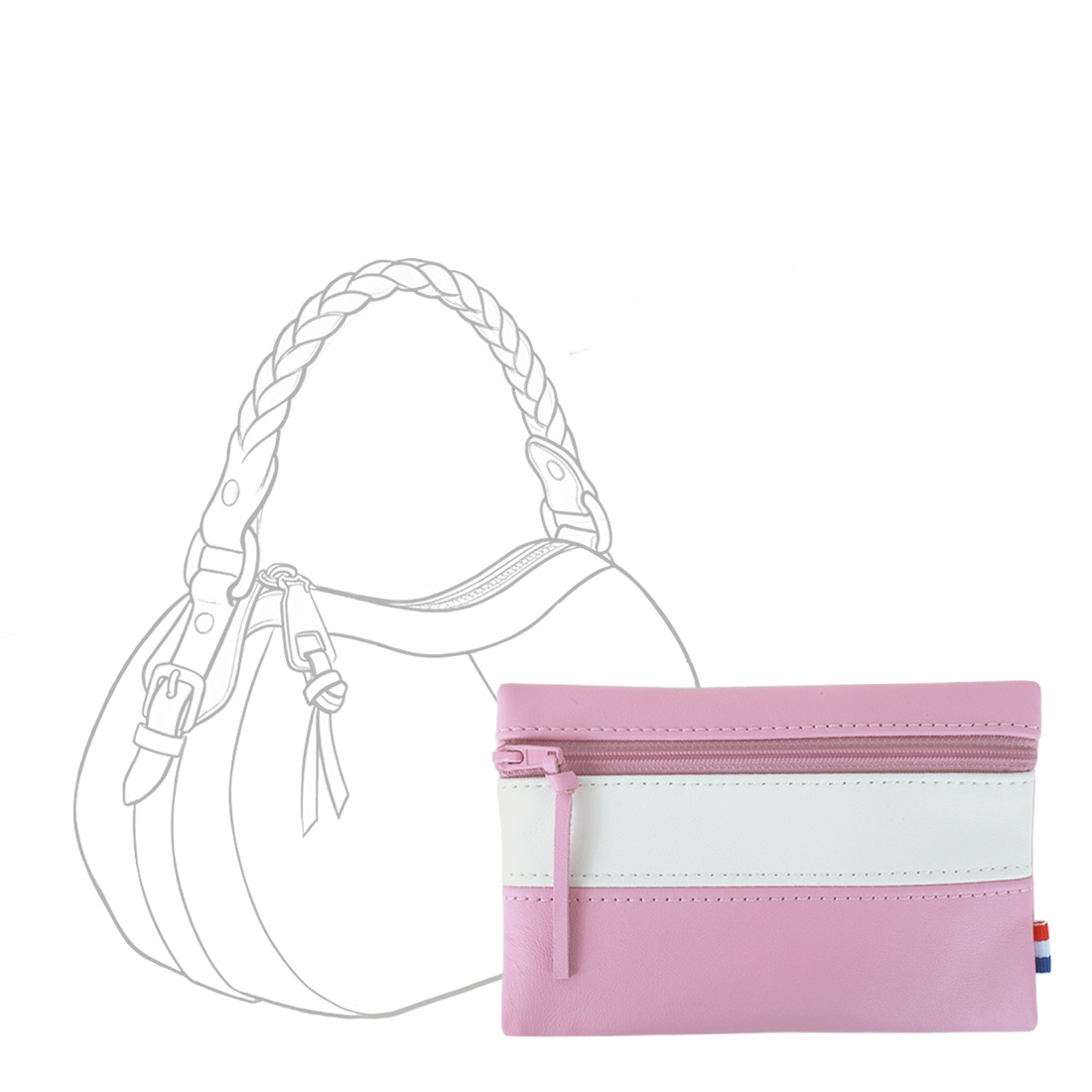 POCHETTE cuir rose bonbon-blanc medium