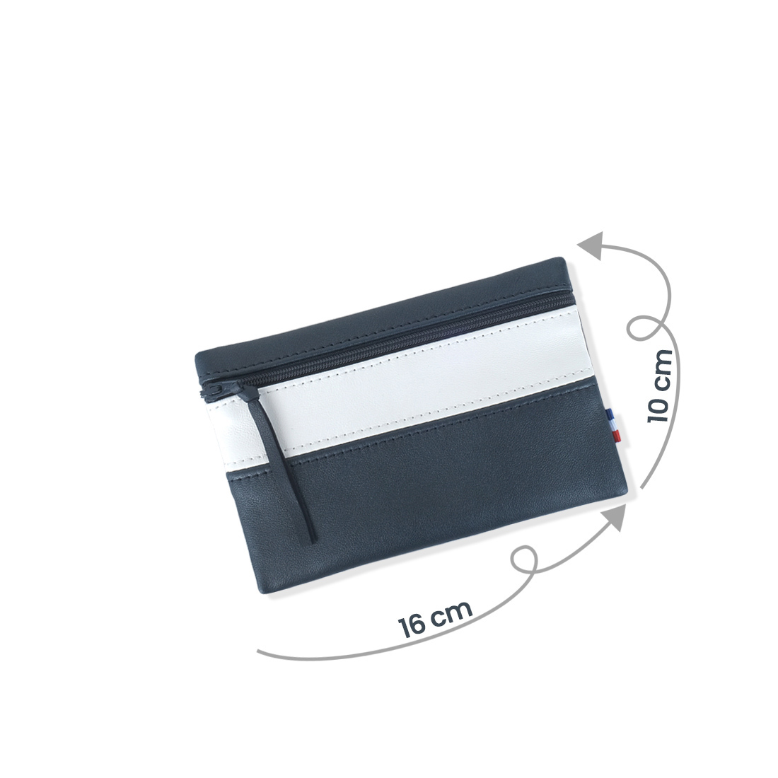 Pochette zippée rectangulaire en cuir d'agneau format midi bicolore bleu marine blanc