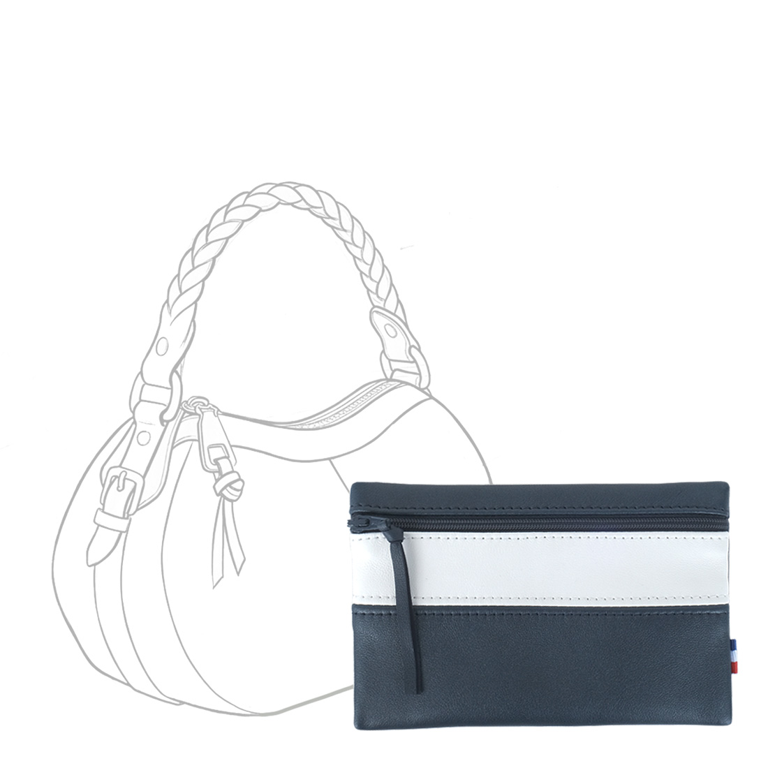 POCHETTE cuir bleu marine-blanc medium