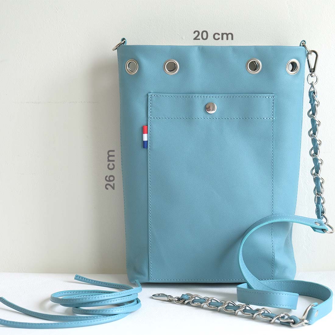 Mini tote bag en cuir double face coloris bleu courge et meringue