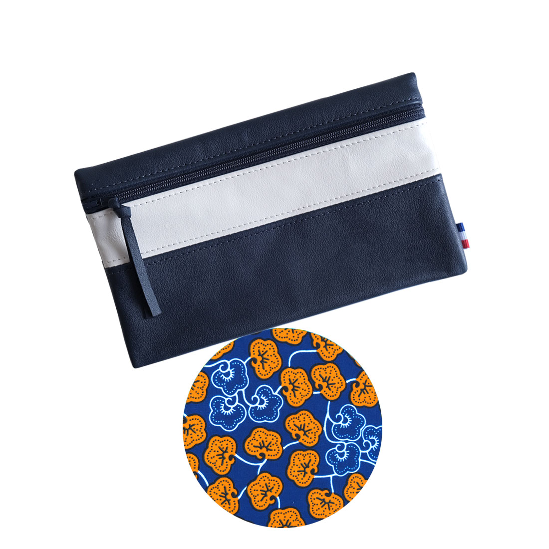 Pochette à zip cuir et wax bleu marine blanc