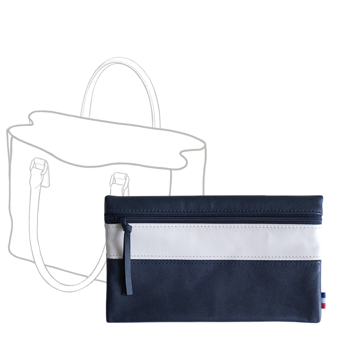 POCHETTE cuir bleu marine-blanc maxi