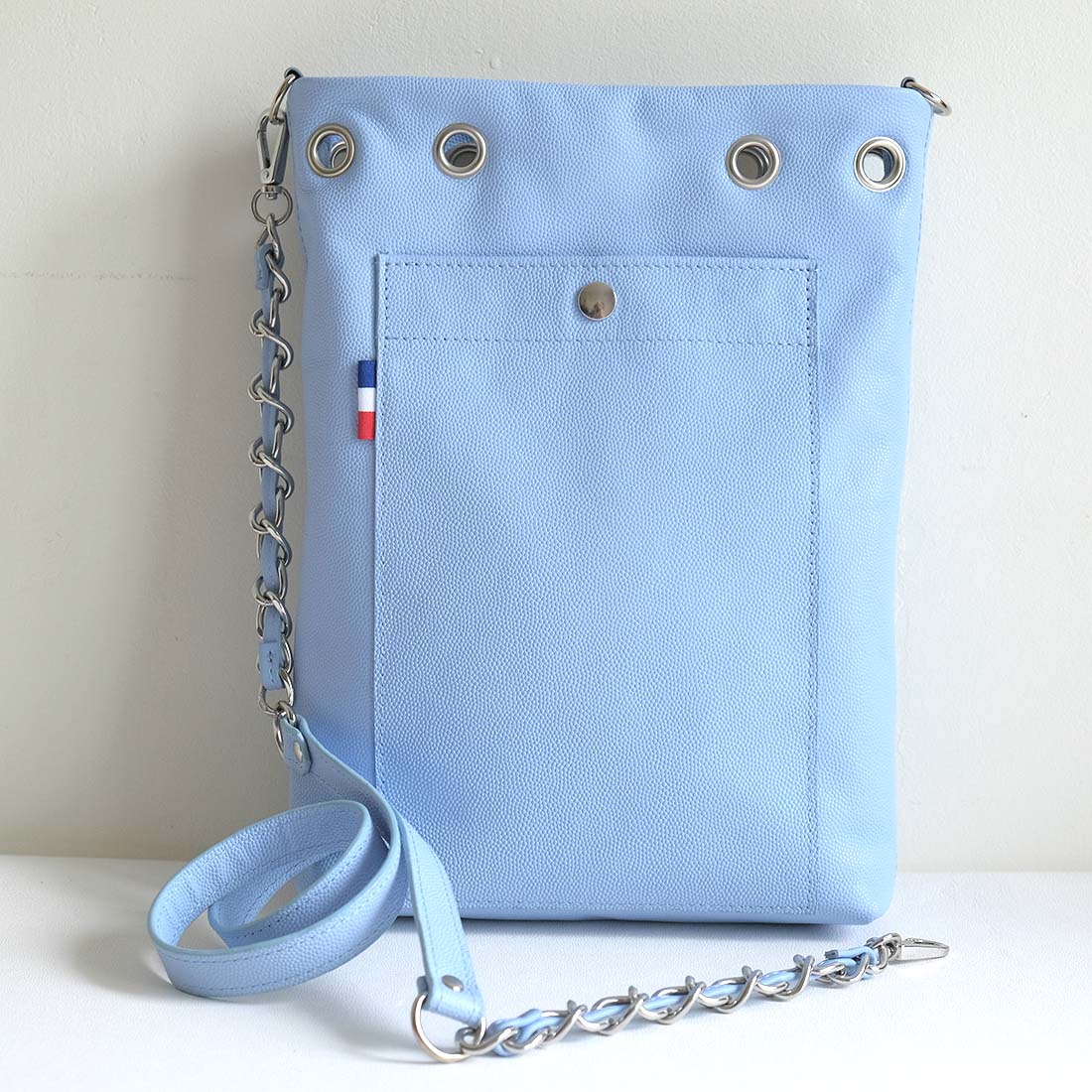 Mini tote bag en cuir double face coloris bleu dragée et blanc meringue