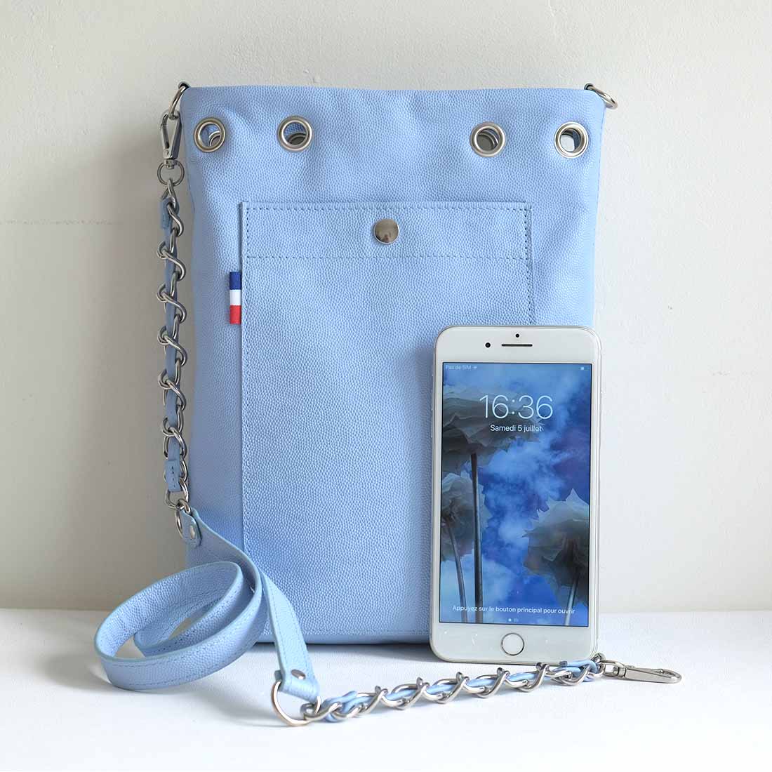 Mini tote bag en cuir double face coloris bleu dragée et blanc meringue