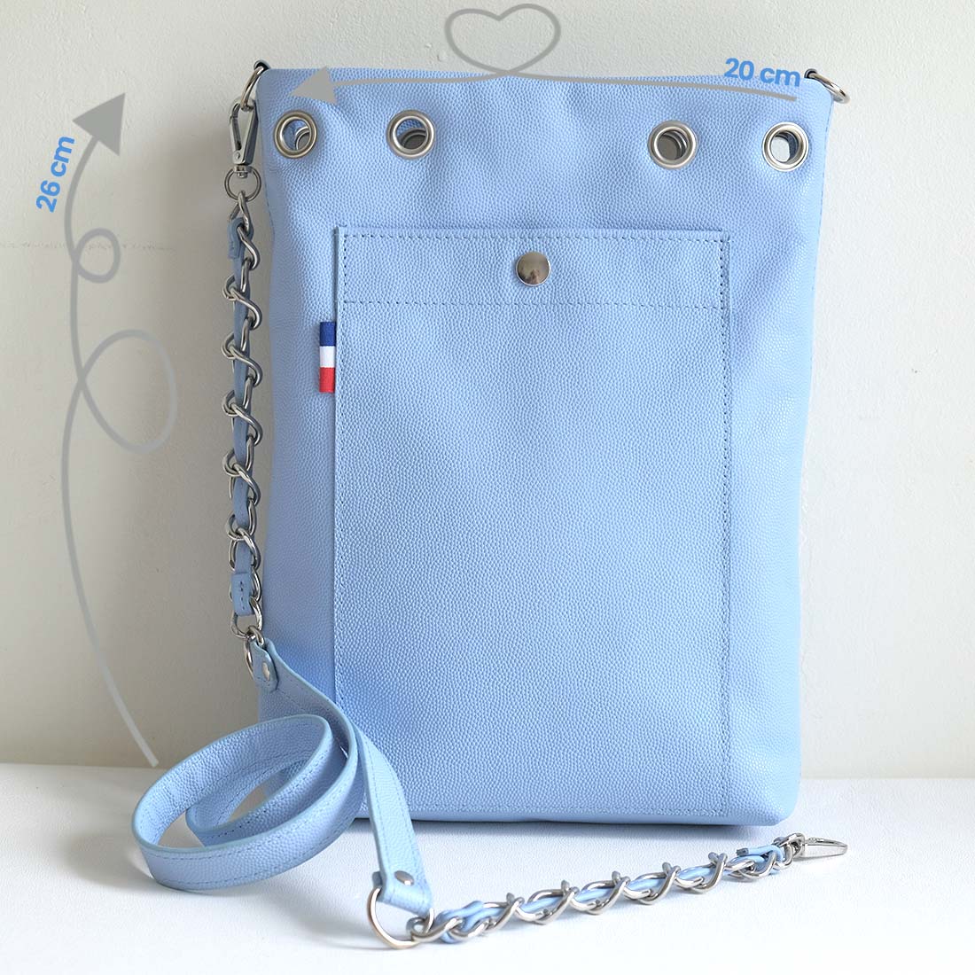 Mini tote bag en cuir d'agneau bicolore bleu ciel blanc