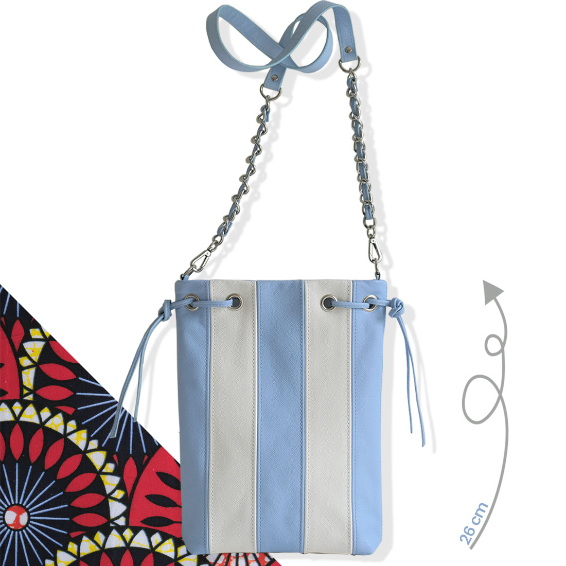 Mini tote bag en cuir d'agneau bicolore bleu ciel blanc