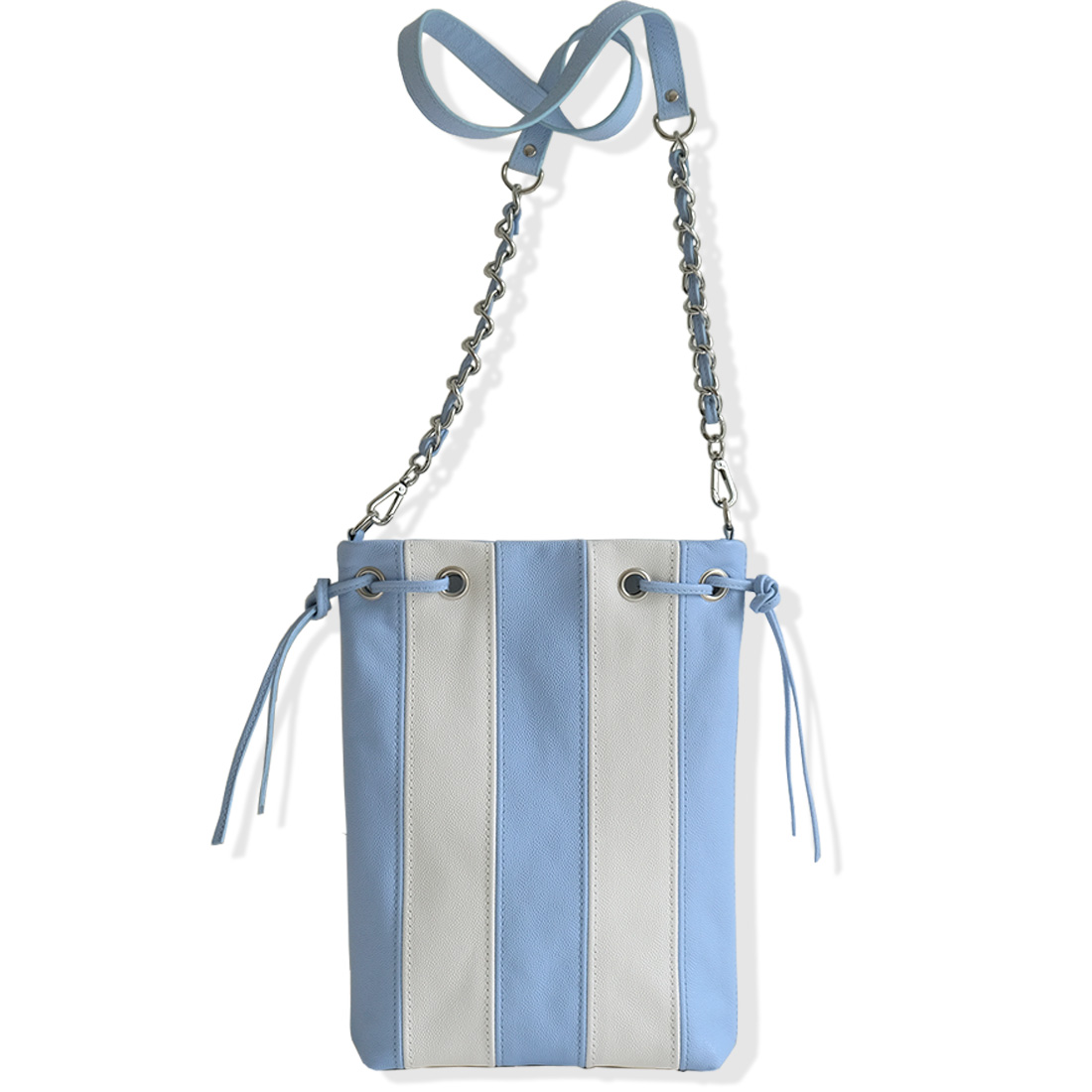 TOTE BAG Cuir artisanal bleu ciel blanc