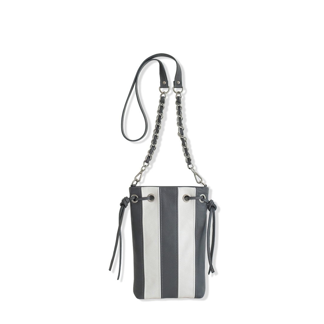 Micro tote bag en cuir double face coloris gris lentille et blanc meringue
