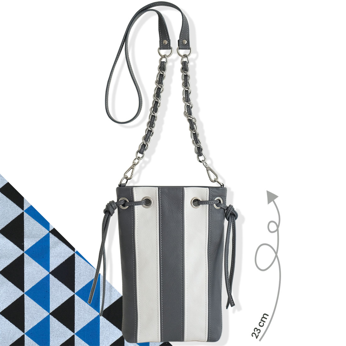 Micro tote bag en cuir d'agneau bicolore gris ardoise blanc