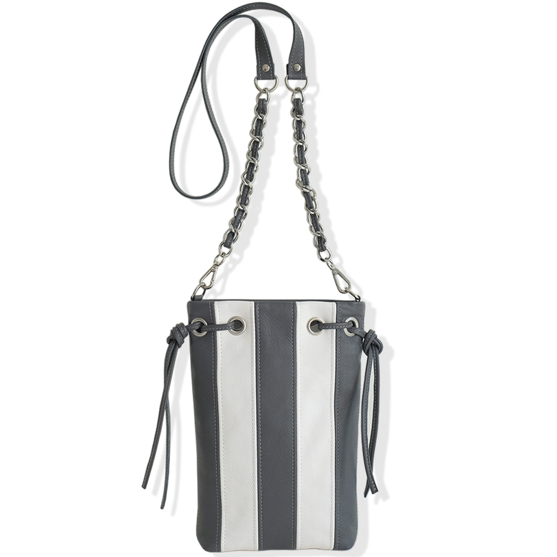 TOTE BAG cuir MINI artisanal gris ardoise blanc
