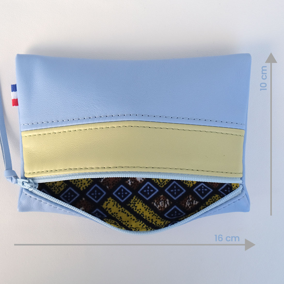 Pochette zippée rectangulaire en cuir d'agneau format midi bicolore bleu ciel vert anis