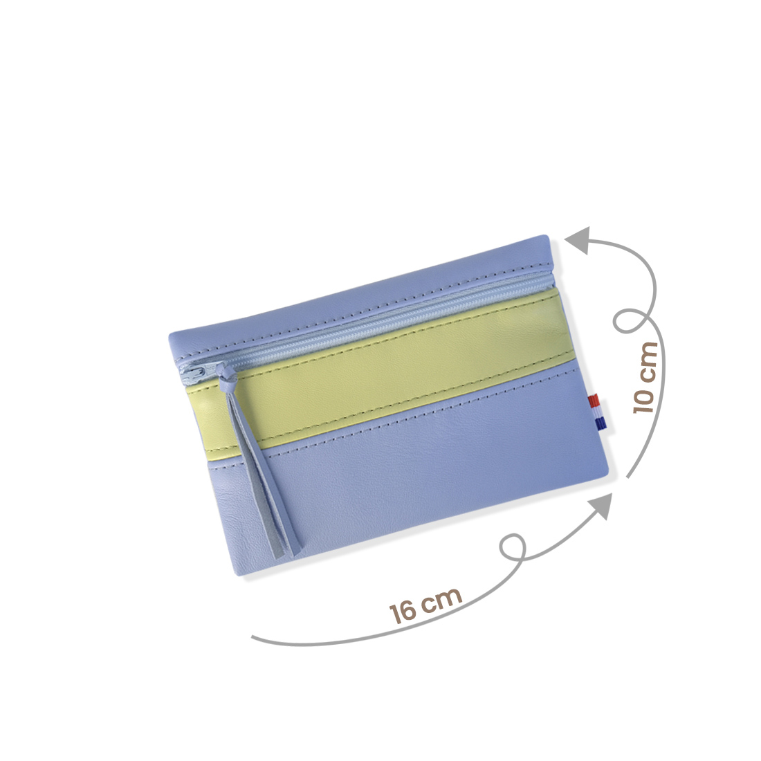 Pochette zippée rectangulaire en cuir d'agneau format midi bicolore bleu ciel vert anis