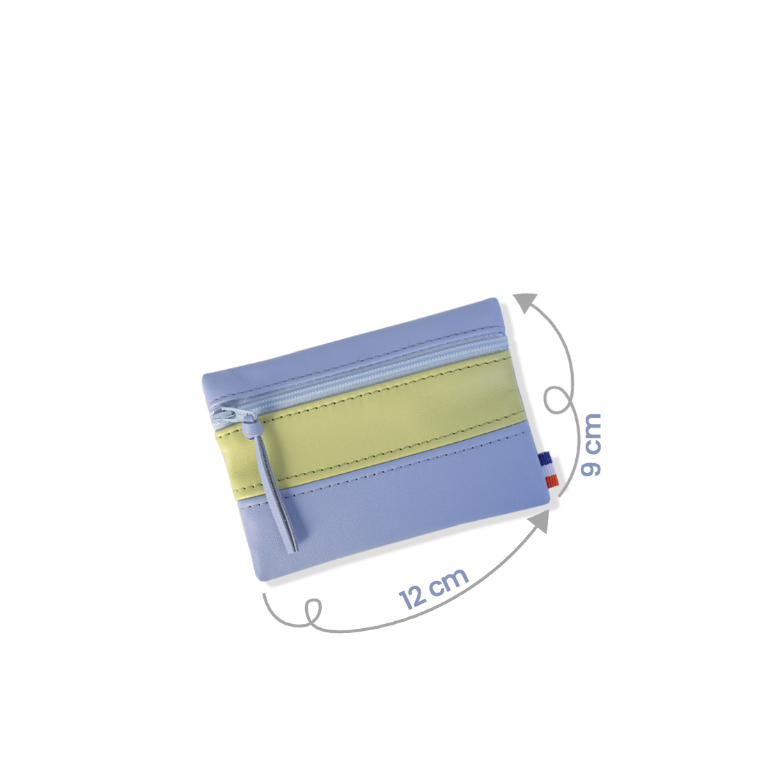 Pochette zippée rectangulaire en cuir d'agneau format mini bicolore bleu ciel vert anis